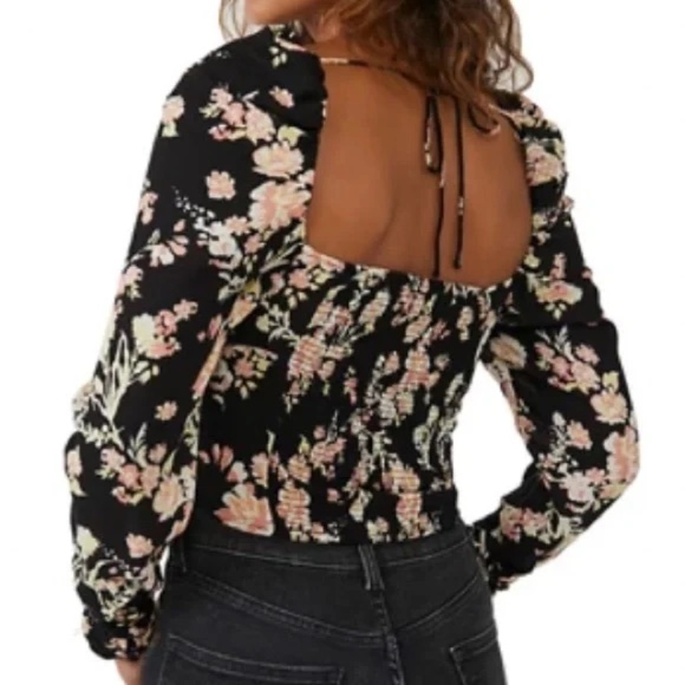 Free People Hilary Floral Print Long Puffed Sleeve Tie Back Blouse - Picture 2 of 11